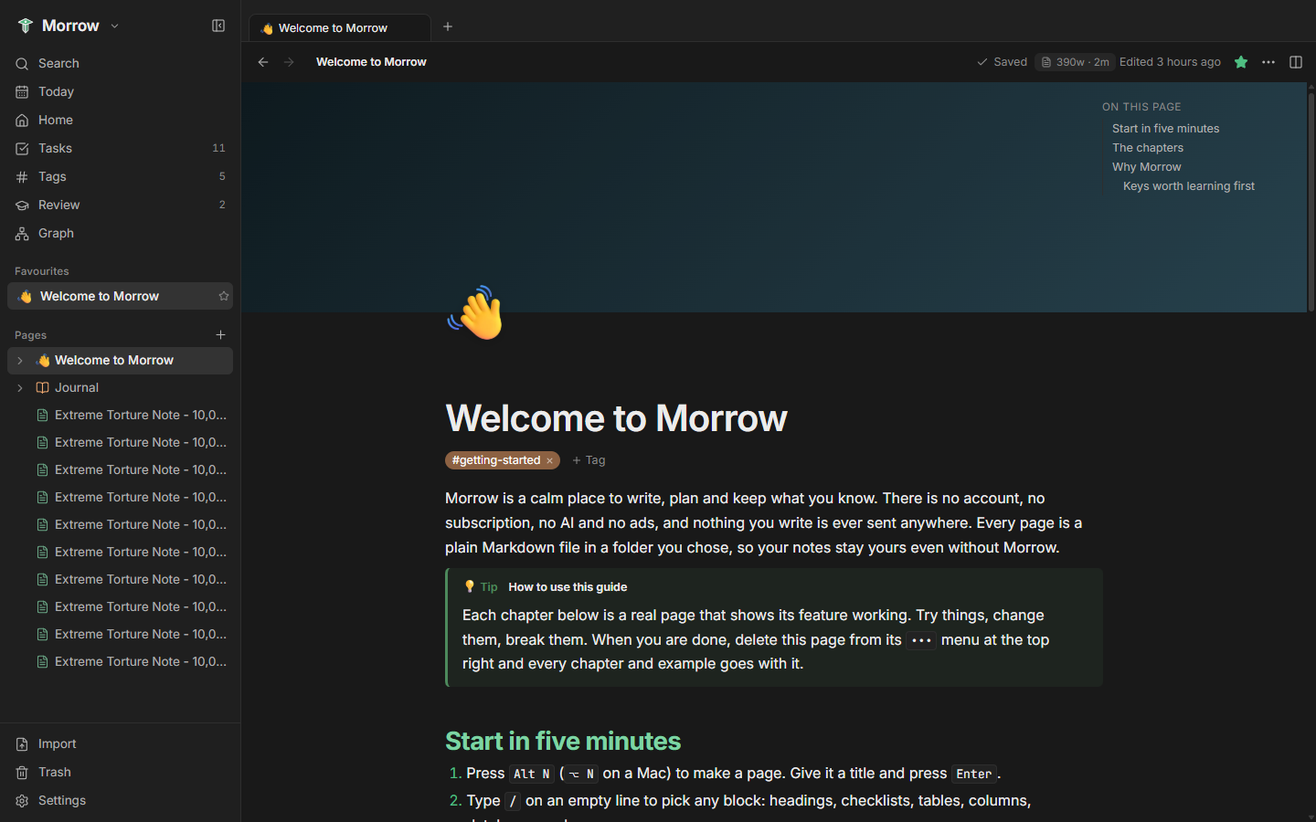 Tomorrow note editor and document workspace showing split view and clean typography