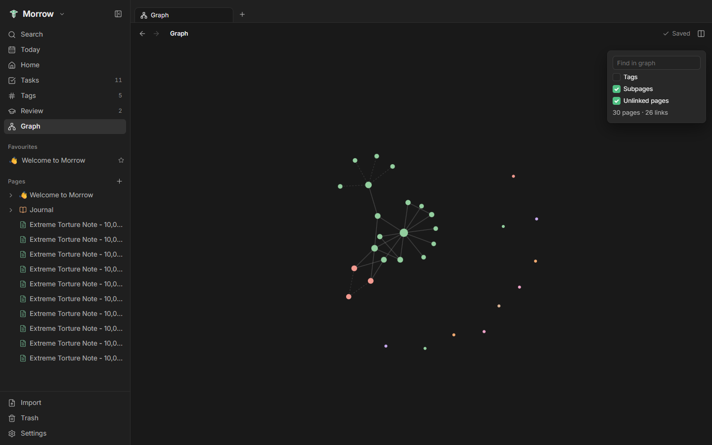 Interactive force-directed graph view of connected notes